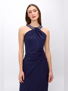 Alex Evenings Navy Midi Dress with Beaded Halter Collar